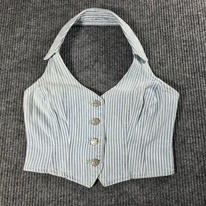 Levis Womens Hickory Stripe Denim Halter Vest Top Blue White Medium NWT